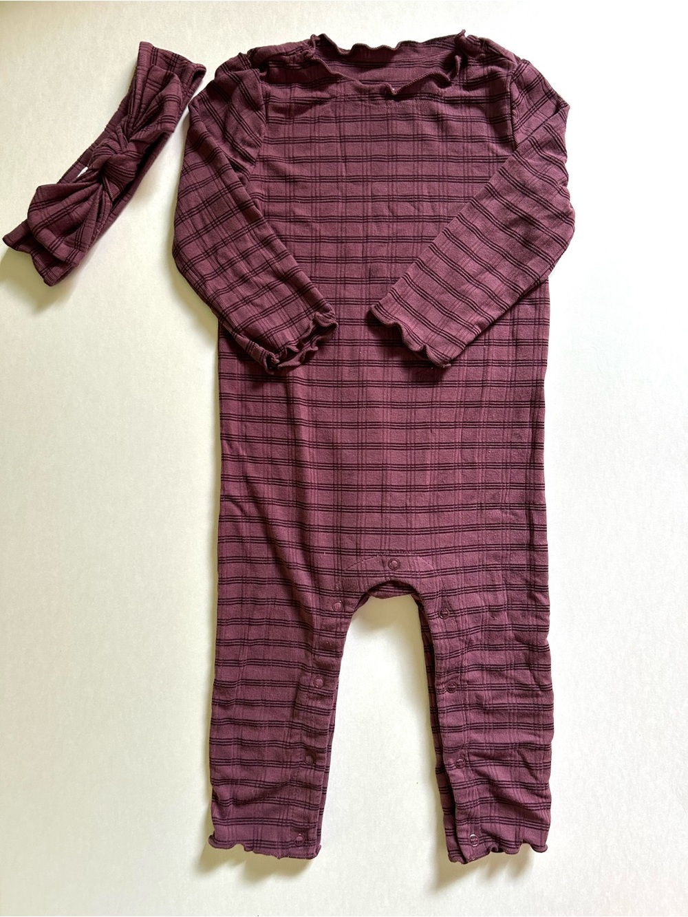 cloud island Plum Long-Sleeve Stripee One-Piece Bodysuit with Headband 12 MOS